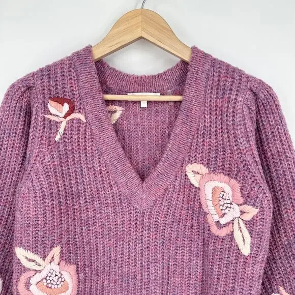 LoveShackFancy Ridge Sweater Floral Embroidered Balloon Sleeve Chunky Knit Berry - Picture 8 of 16